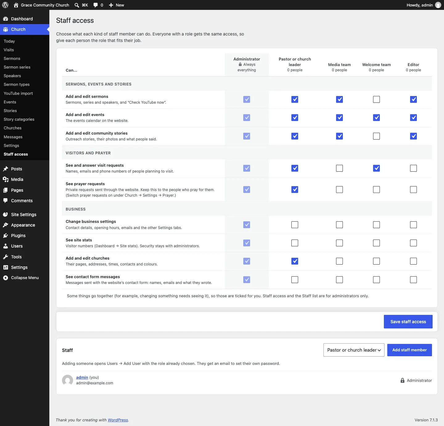 The Staff access grid for Church, with columns Administrator (Always everything), Pastor or church leader, Media team, Welcome team and Editor, and rows of what each role can do, grouped by area, with Save staff access below and the Staff card at the bottom
