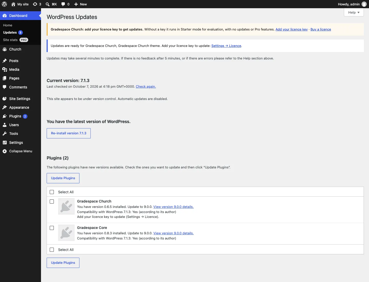 The Updates screen without a licence key, with the yellow notice "Gradespace Church: add your licence key to get updates.", the notice "Updates are ready for Gradespace Church, Gradespace Church theme. Add your licence key to update: Settings → Licence." and "Add your licence key to update (Settings → Licence)." under Gradespace Church