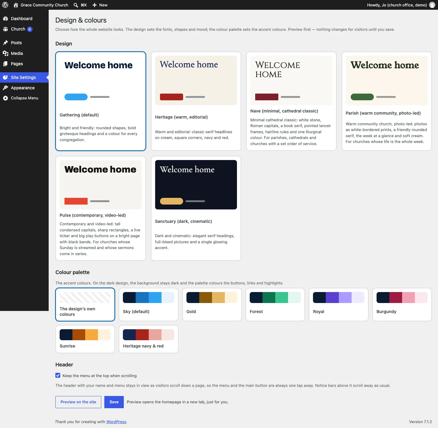 The Design & colours screen, showing six design cards (Gathering, Heritage, Nave, Parish, Pulse and Sanctuary), the colour palettes from Sky to Heritage navy & red, and the Preview on the site and Save buttons