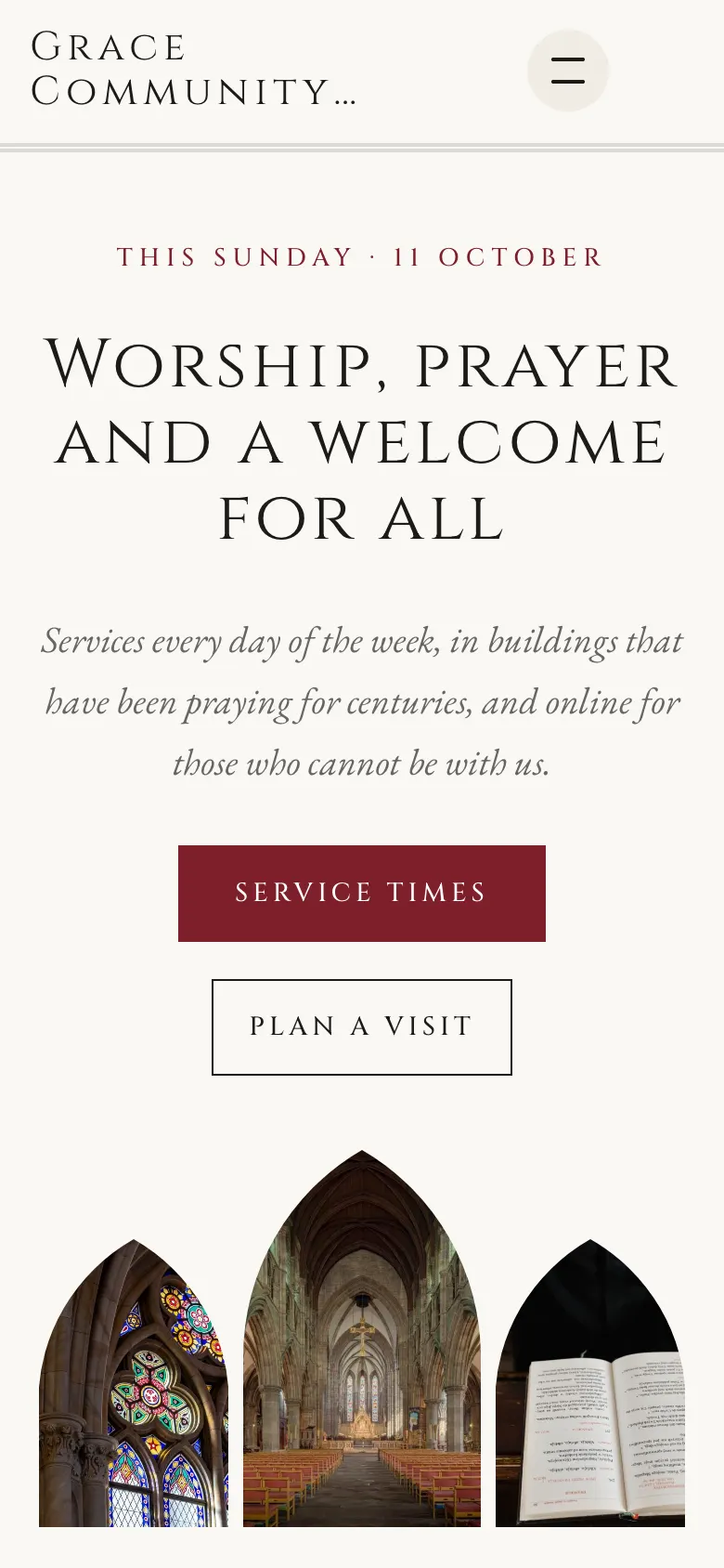 The Nave design on a phone: the name in capitals at the top, a menu button and the first section stacked in one column