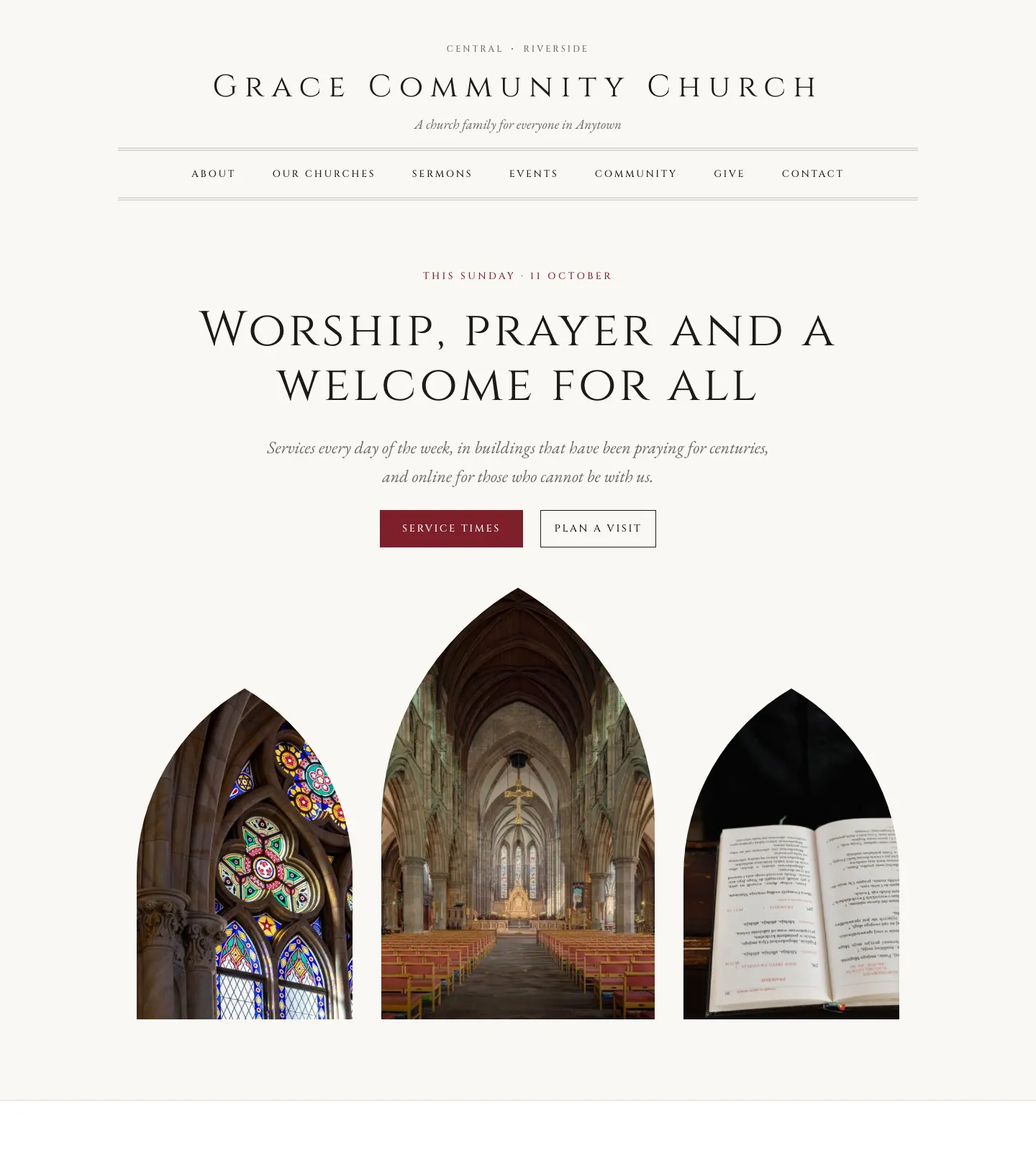 The Nave design's home page: pale stone background, headings in Roman capitals, pictures in pointed arch frames and a deep red accent
