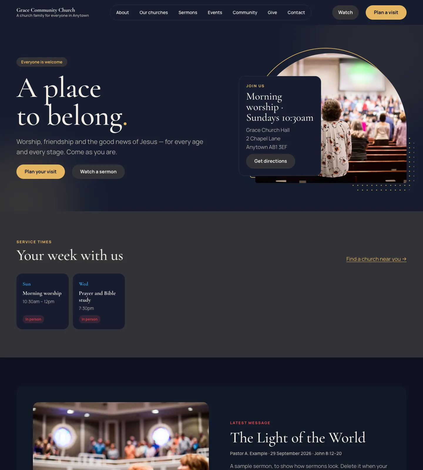 The Sanctuary design's home page: a dark navy page with the elegant serif headline "A place to belong.", gold Plan your visit and Plan a visit buttons, the next service card beside an arched photo, and the service times on a dark band