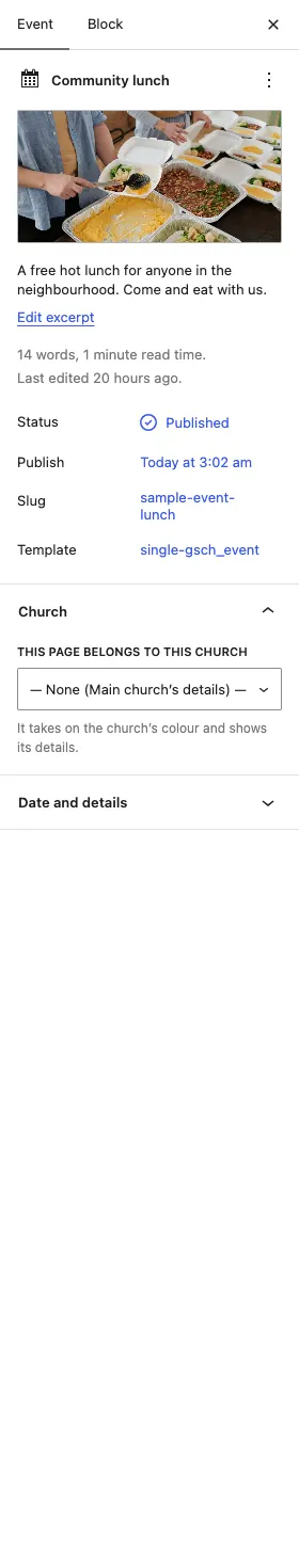 The Church panel in the editor sidebar, with a list to choose None (Main church's details), Grace Church Central or Grace Church Riverside, and the note "It takes on the church's colour and shows its details"