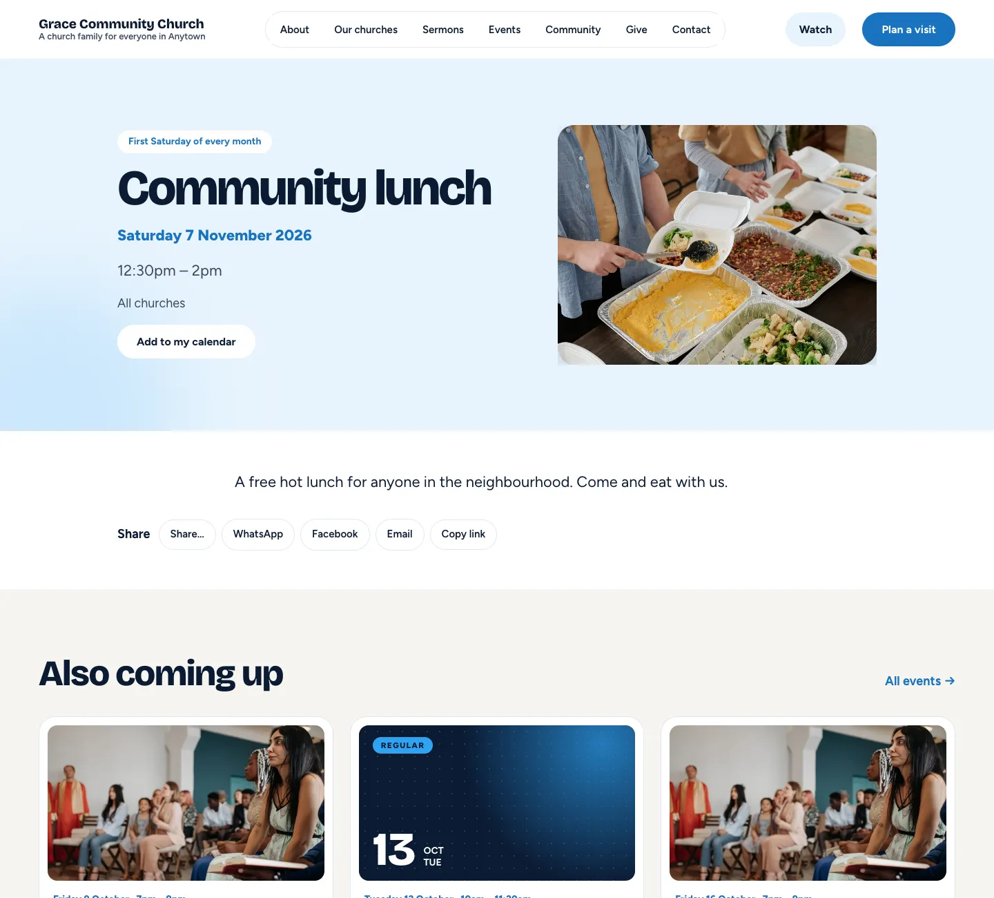 The Community lunch event page: "First Saturday of every month", Saturday 7 November 2026, 12:30pm to 2pm, All churches, an Add to my calendar button, a photo of food being served, share buttons and Also coming up