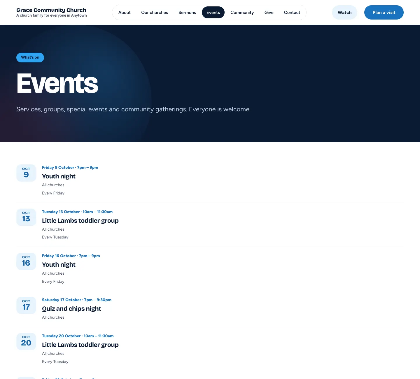 The Events page: "What's on" with a list of dated events, such as Youth night on Friday 9 October 7pm to 9pm for All churches, every Friday, Little Lambs toddler group on Tuesday 13 October and Quiz and chips night on Saturday 17 October