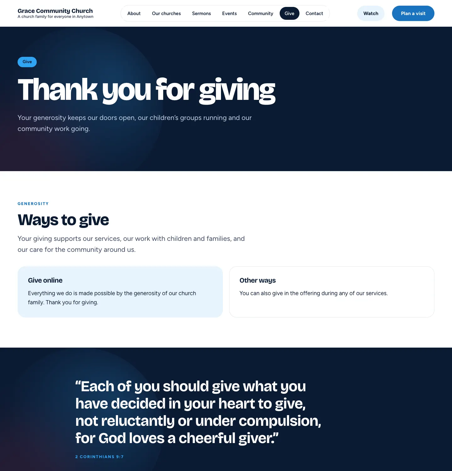 The Give page: "Thank you for giving" heading, Ways to give with a Give online card and an Other ways card ("You can also give in the offering during any of our services"), and a Bible verse from 2 Corinthians 9:7