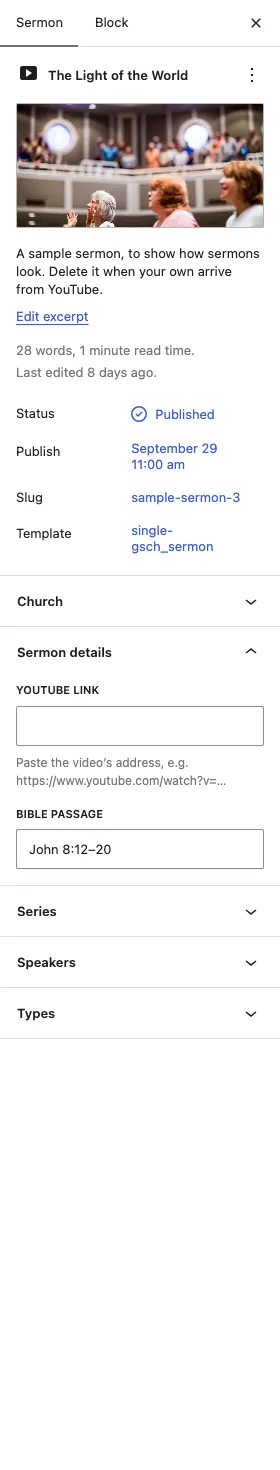 The Sermon details panel: YouTube link, Bible passage, and the Series, Speakers and Types boxes