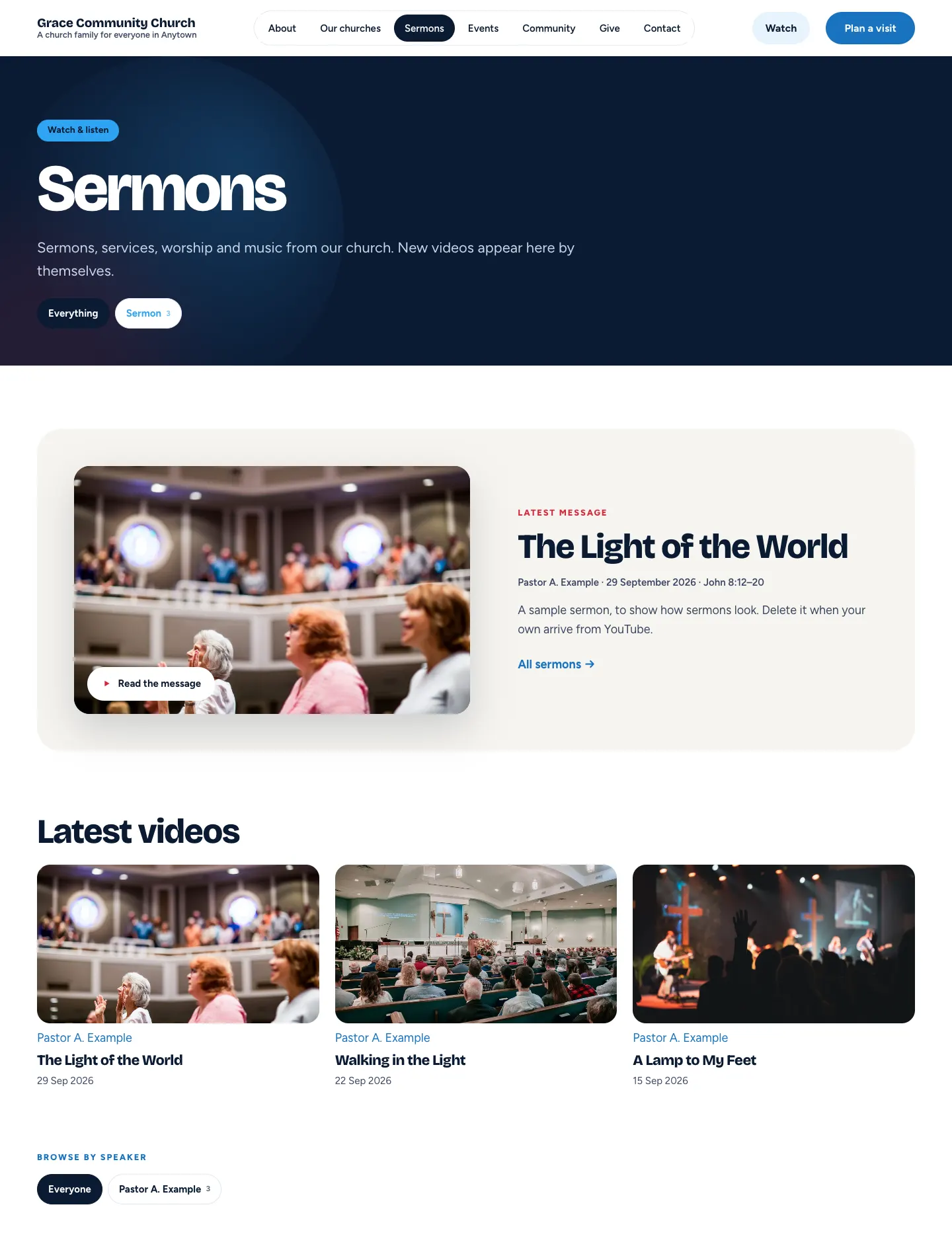 The Sermons page: "Watch & listen" heading, filter chips for Everything and Sermon, the latest message The Light of the World, a grid of latest videos and Browse by speaker