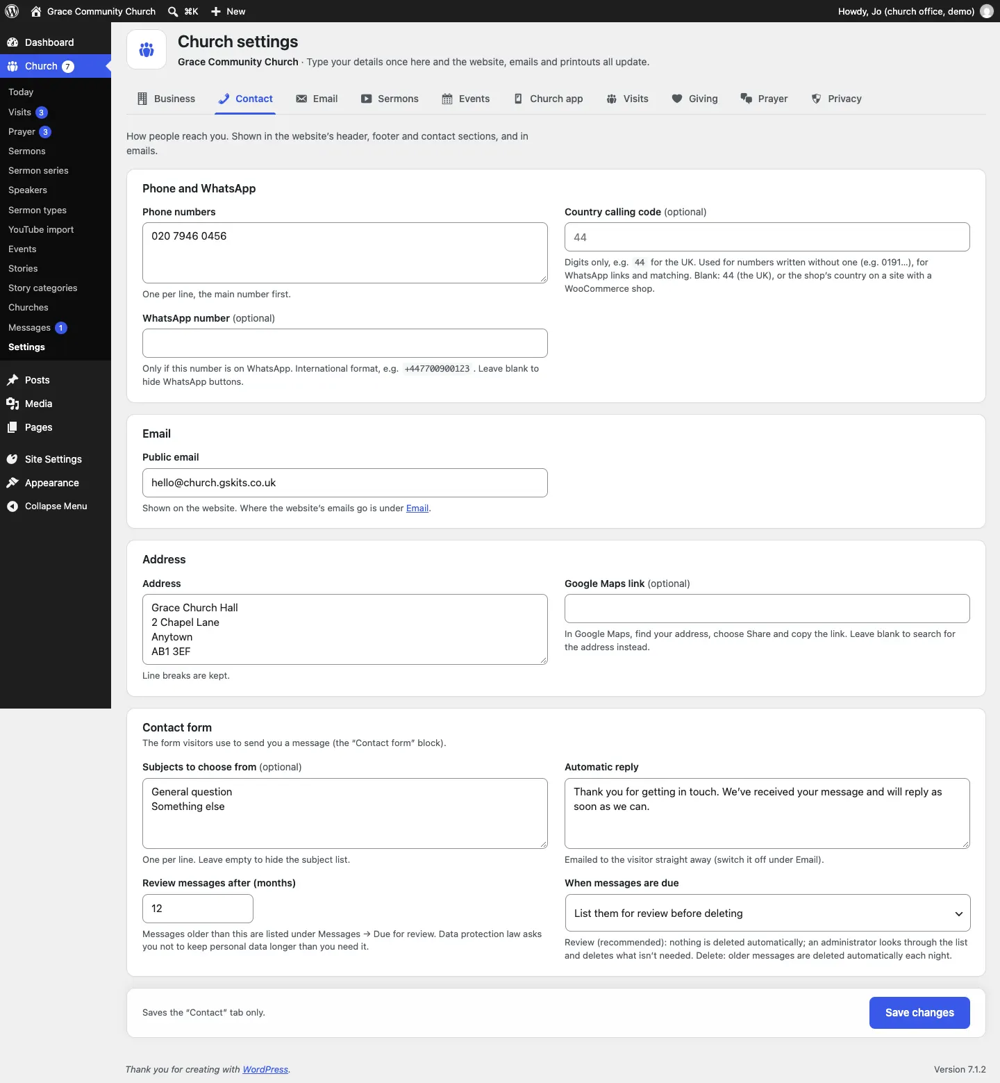 The Contact tab: phone numbers, country calling code, WhatsApp number, public email, address, Google Maps link and the Contact form settings