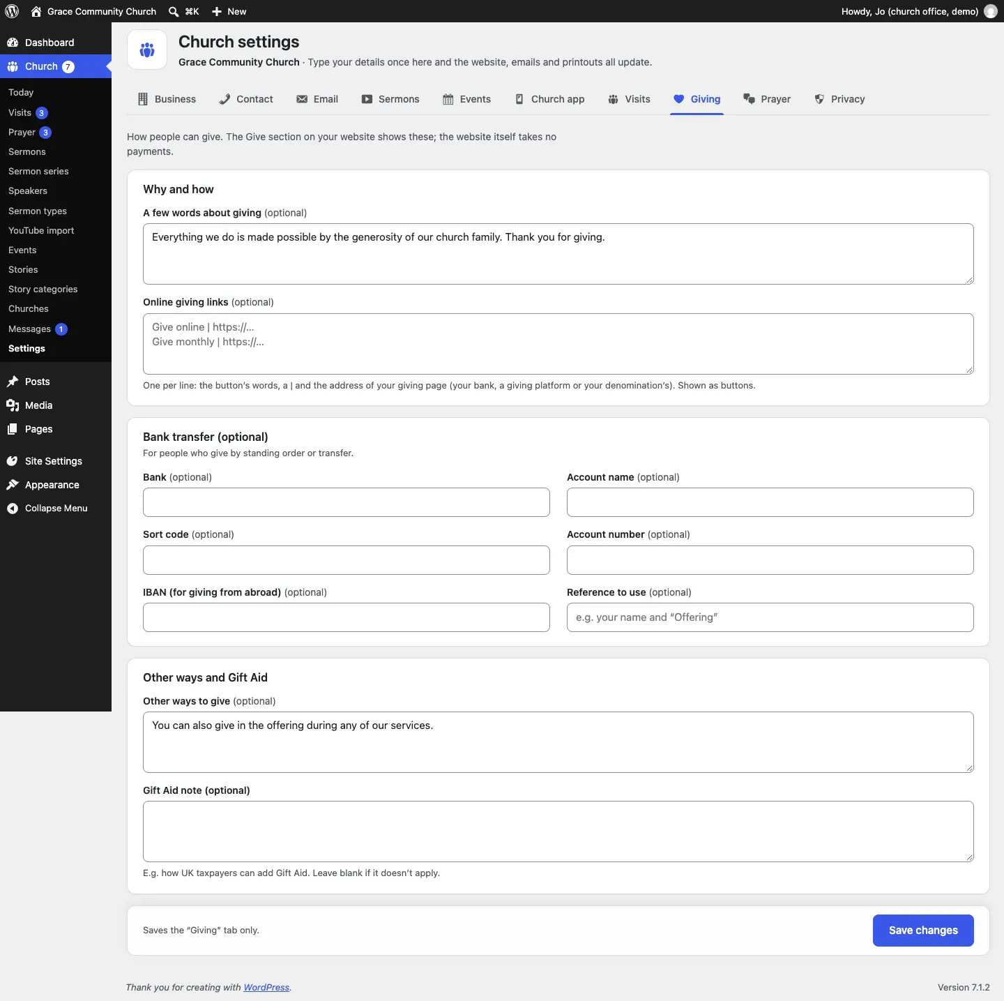 The Giving tab of Church settings: Why and how (a few words, online giving links), Bank transfer (bank, account name, sort code, account number, IBAN, reference) and Other ways and Gift Aid