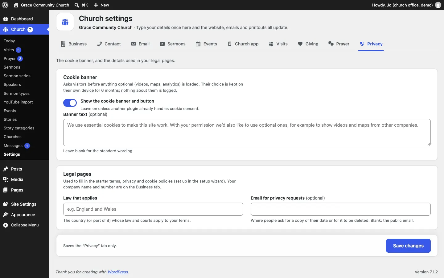 The Privacy tab: the cookie banner switch and banner text, and the Legal pages card with Law that applies and Email for privacy requests