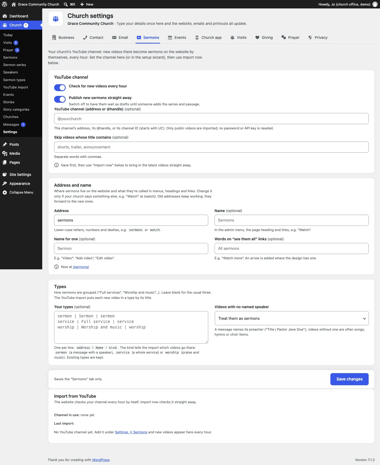 The Sermons tab of Church settings: the YouTube channel card with Check for new videos every hour and Publish new sermons straight away switched on, the channel box, Skip videos whose title contains, the Address and name card, the Types card, and Import from YouTube with Channel in use and Last import