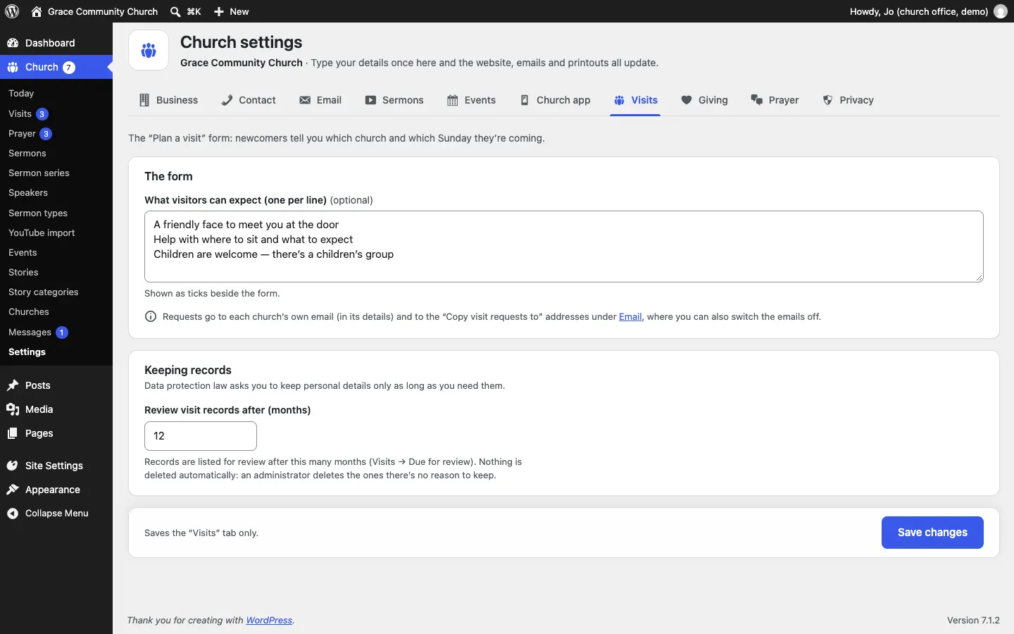 The Visits tab: What visitors can expect, and Keeping records with Review visit records after (months)