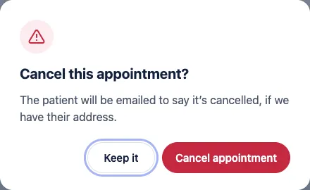 The Cancel this appointment? box with the Keep it and Cancel appointment buttons