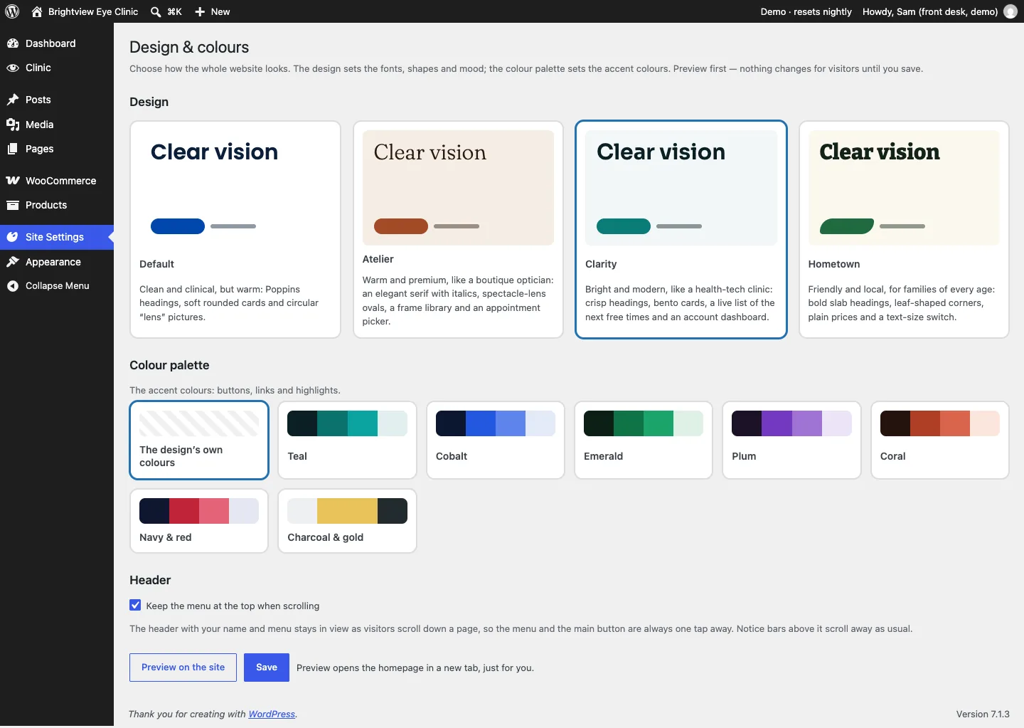 The Design & colours screen with four design cards (Default, Atelier, Clarity selected, Hometown), Clarity's colour palettes from The design's own colours to Charcoal & gold, the Keep the menu at the top when scrolling tick box, and the Preview on the site and Save buttons