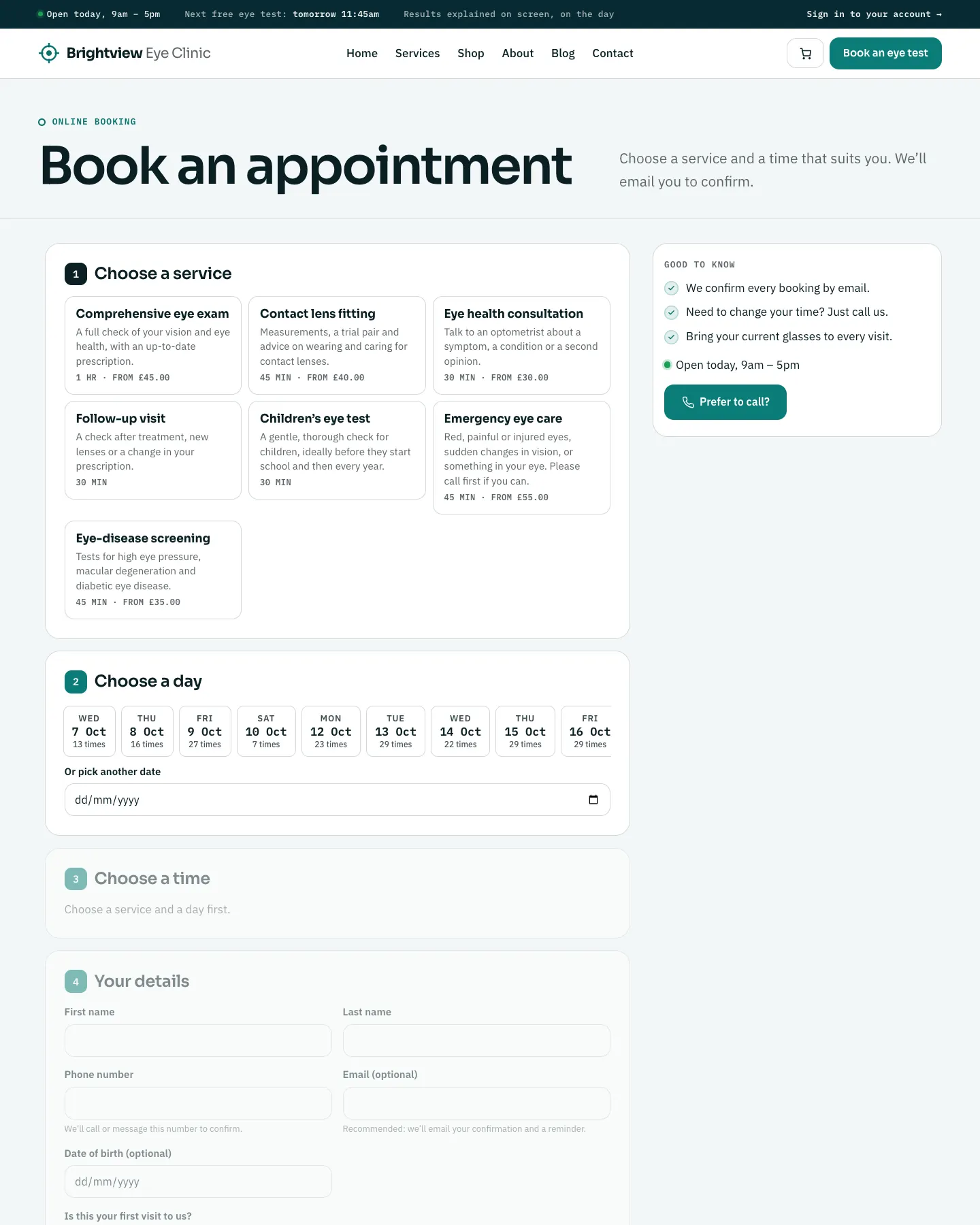The booking page with step 1, Choose a service, listing seven eye-care services with times and prices, and step 2, Choose a day, showing day buttons from Wed 7 Oct to Fri 30 Oct, each with the number of free times
