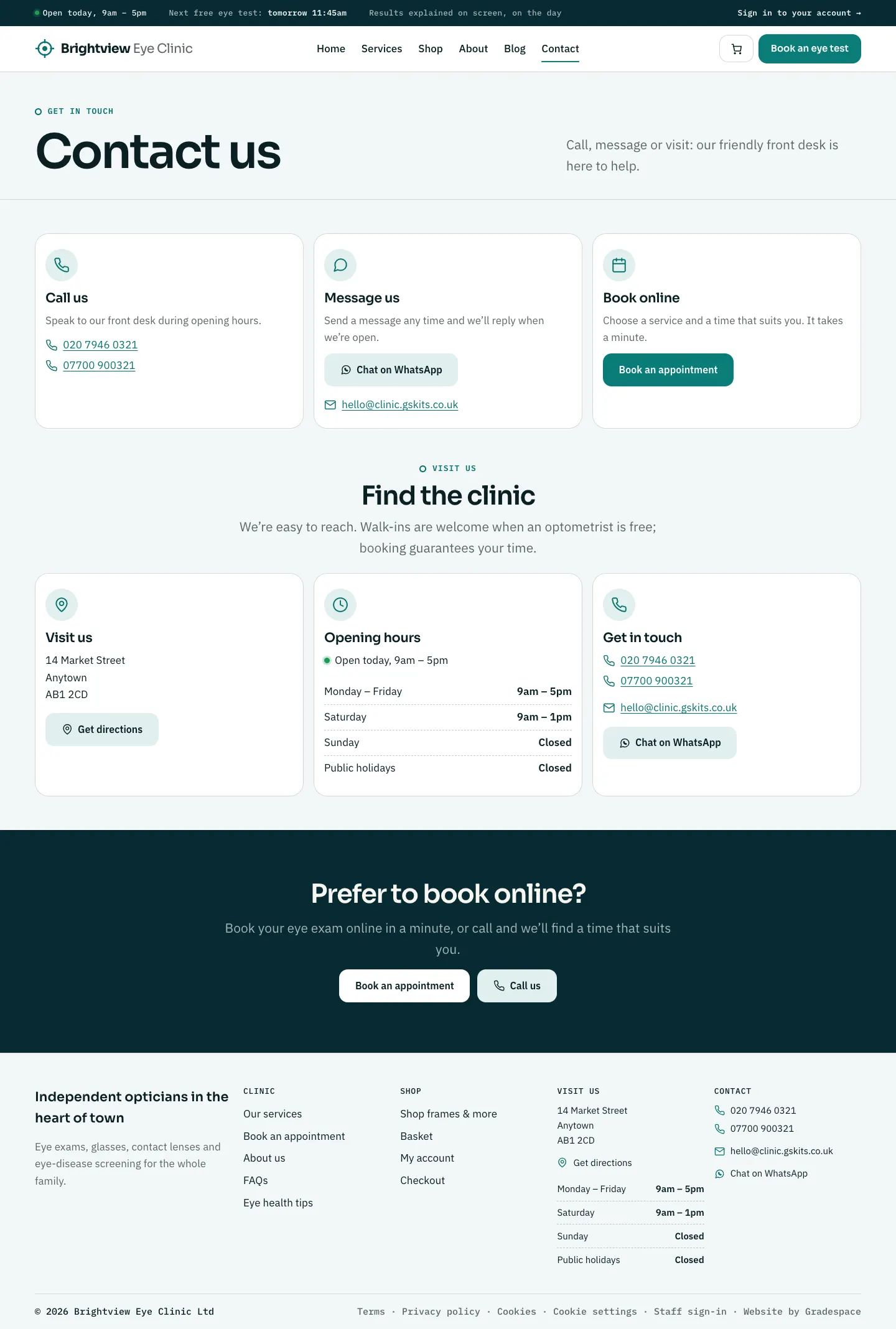 The Contact page with Call us, Message us and Book online cards, the clinic's address and opening hours
