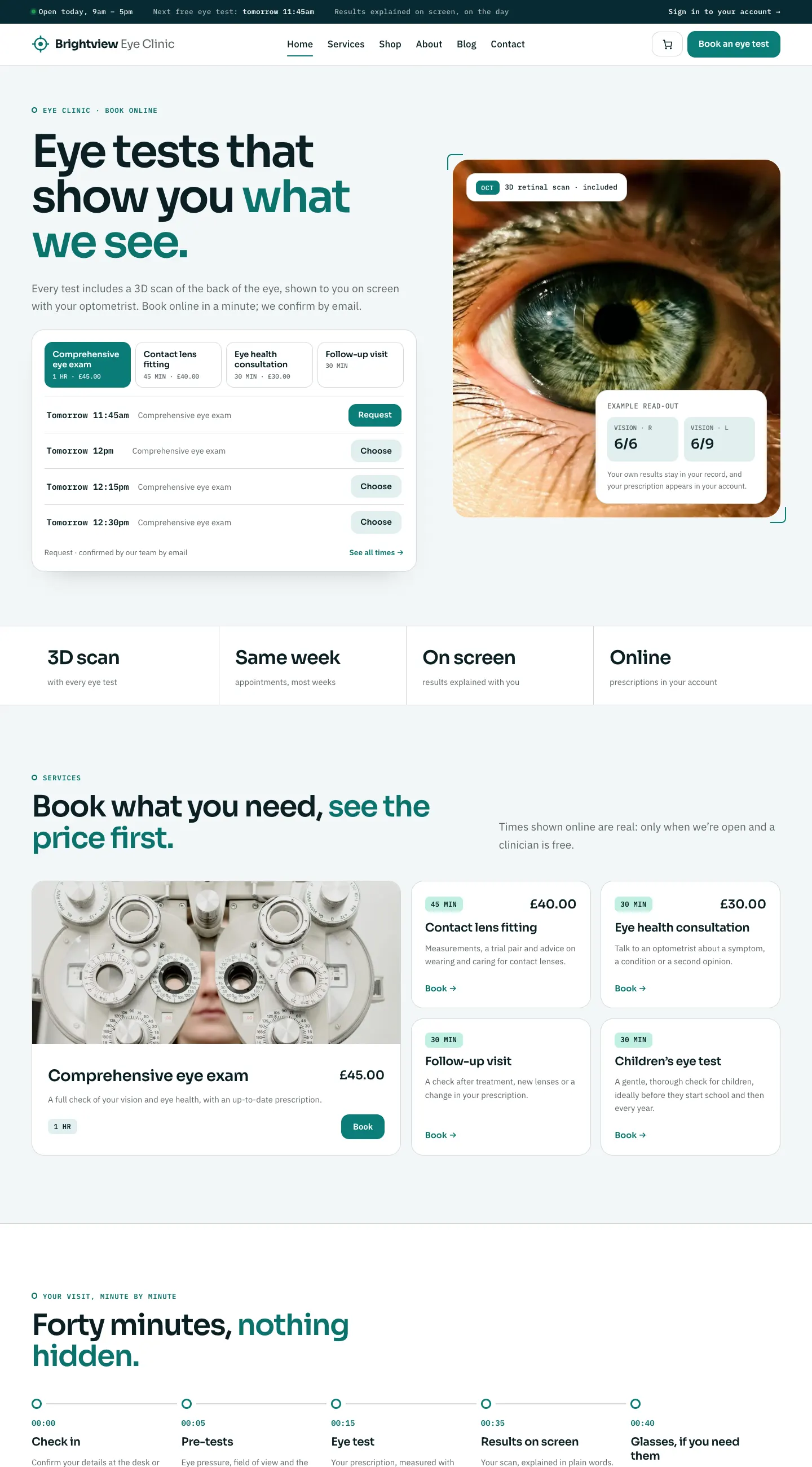 The Brightview Eye Clinic demo home page in the Clarity design, with the headline "Eye tests that show you what we see", a card of the next free eye-test times and a large photo of an eye