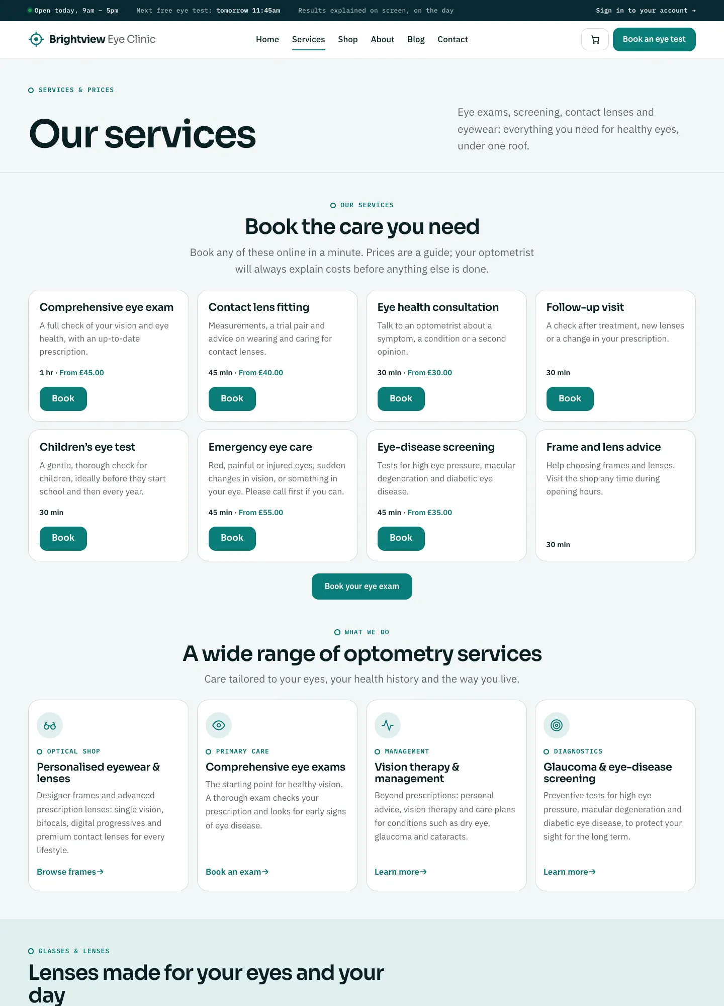 The Services page on the website showing each service as a card with how long it takes, its price and a Book button
