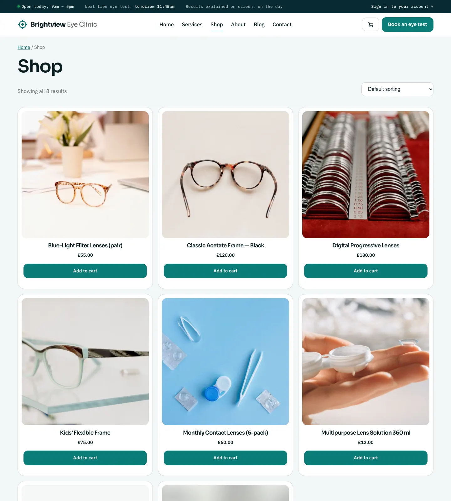 The Shop page listing eight sample products, such as Blue-Light Filter Lenses at £55.00 and Classic Acetate Frame — Black at £120.00, each with an Add to cart button