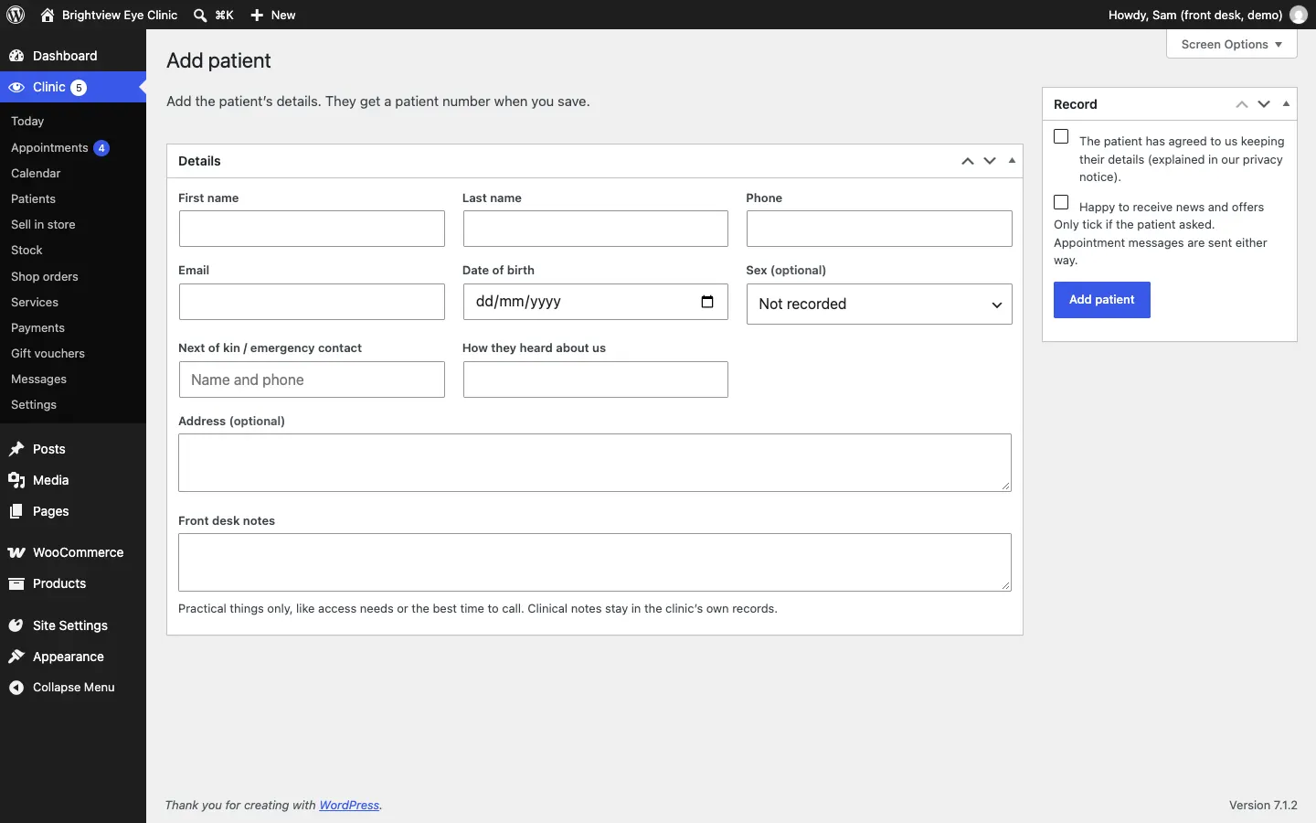 The Add patient screen, with the Record box (agreement and news-and-offers tick boxes and the Add patient button) and the Details panel with name, phone, email, date of birth, next of kin, address and front desk notes