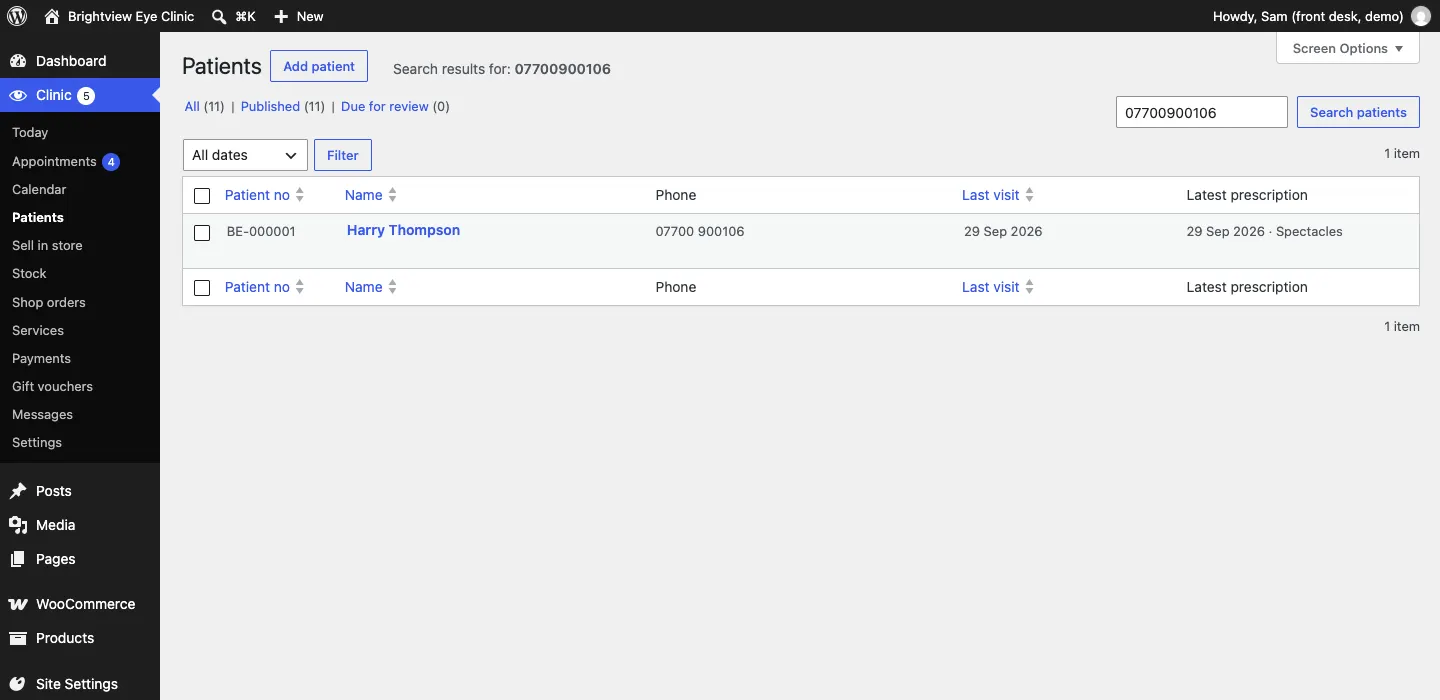 The Patients list after searching for 07700900106, showing one match: Harry Thompson, patient BE-000001