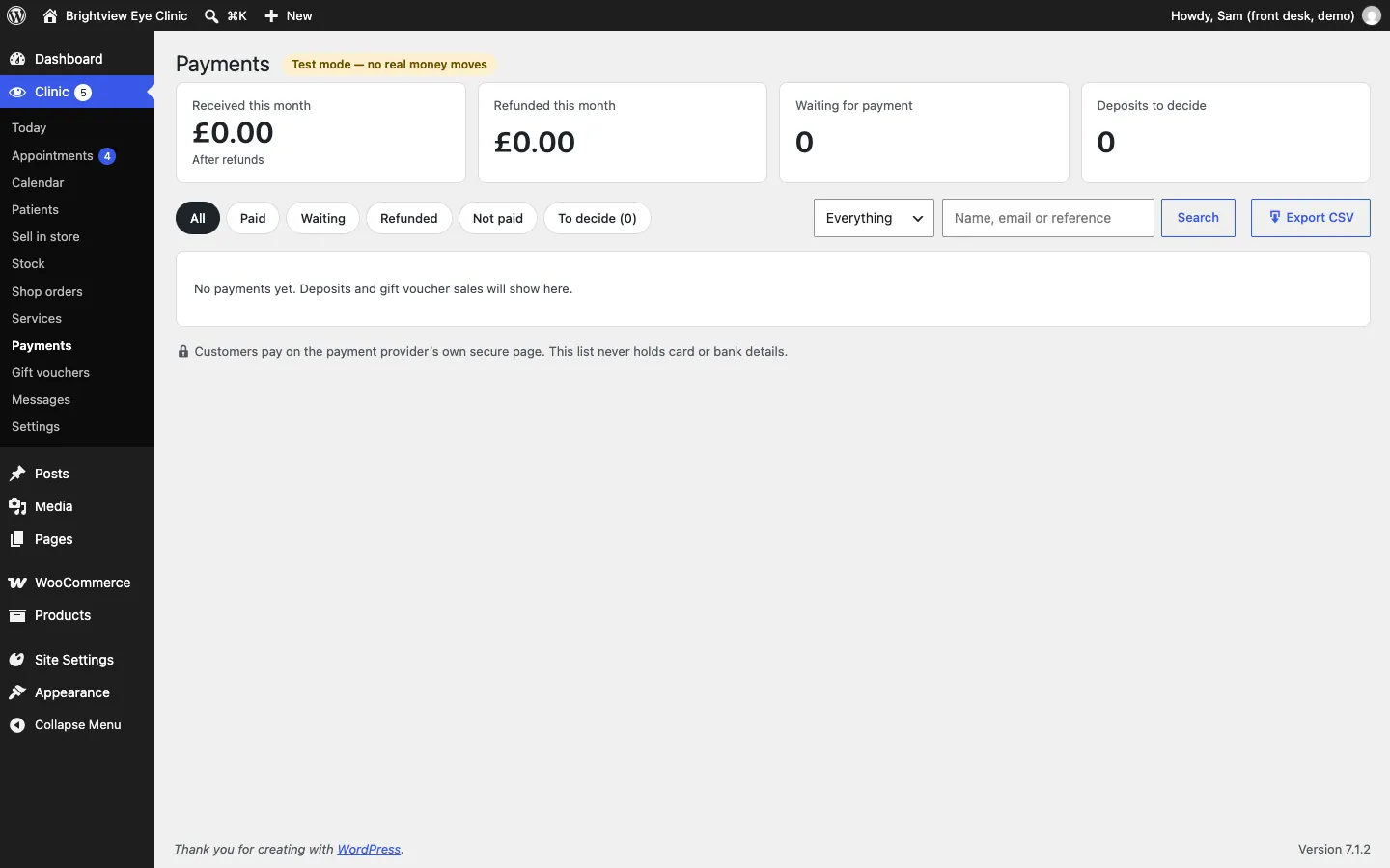 The Payments screen in test mode, with cards for Received this month, Refunded this month, Waiting for payment and Deposits to decide, filters from All to To decide, a What for menu (Everything, Bookings, Gift vouchers), a search box and Export CSV
