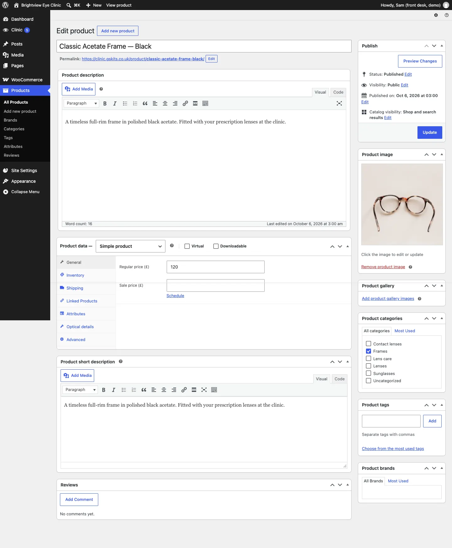 The Edit product screen for Classic Acetate Frame — Black, with the description, the Product data box and its tabs including Optical details, the product image and the categories