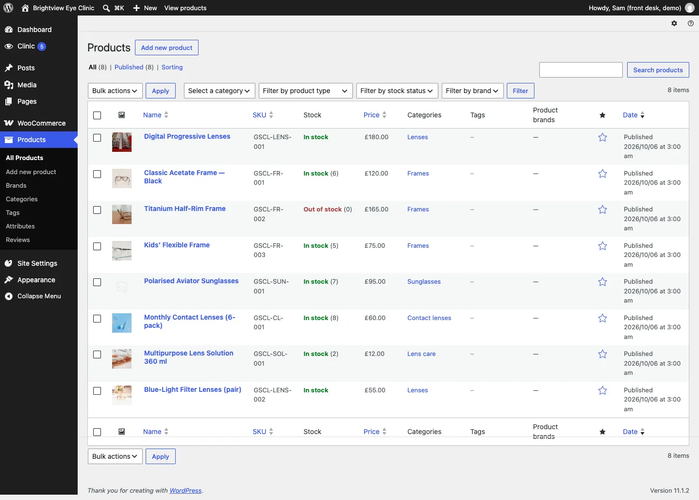The WooCommerce product list with the sample frames, lenses, contact lenses, lens care and sunglasses products