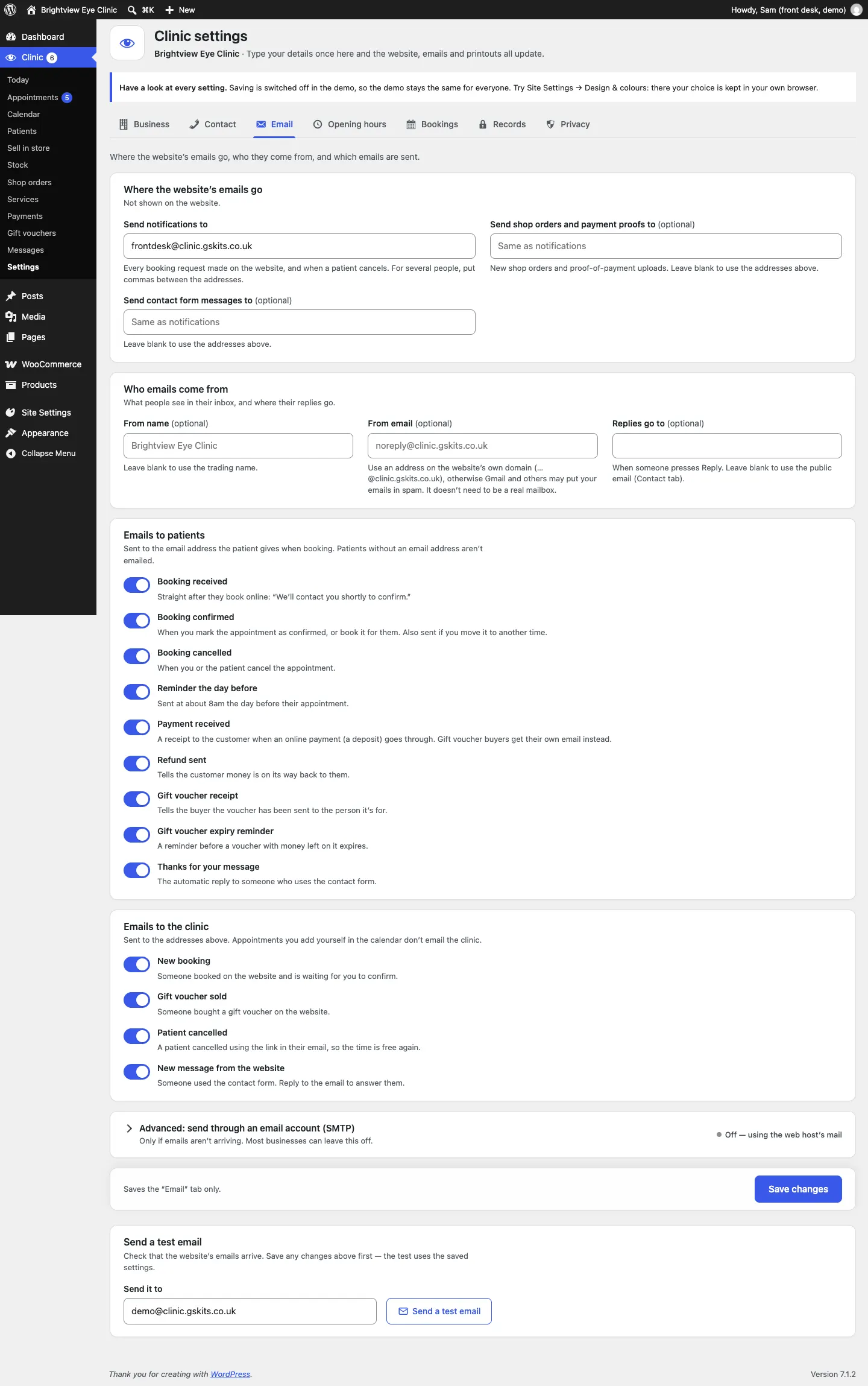 The Email tab with where emails go (Send notifications to, Send shop orders and payment proofs to, Send contact form messages to), who they come from, the list of patient and clinic emails with on/off switches, the SMTP option and Send a test email