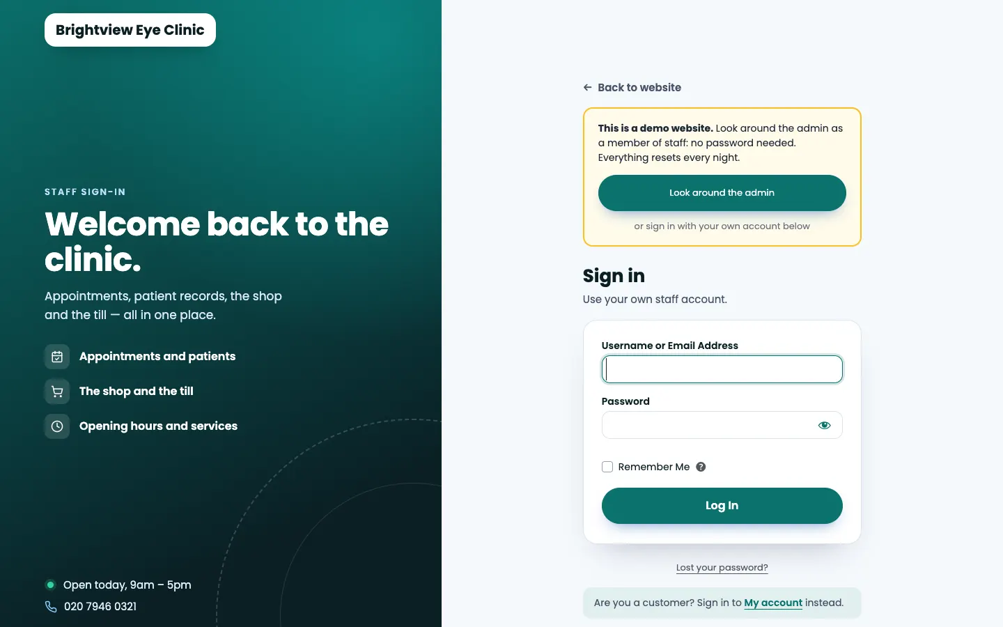 The staff sign-in page: the clinic name and "Welcome back to the clinic" with what staff look after on the left, and the Sign in form with username, password, Remember Me, Log In and Lost your password? on the right