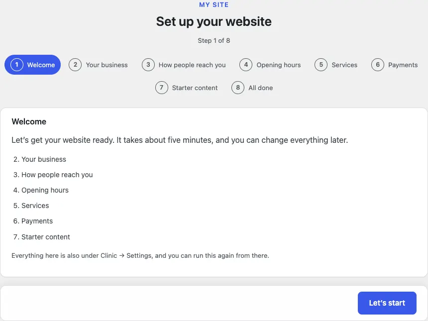 Step 1 of 8, Welcome: "Let's get your website ready. It takes about five minutes" with the numbered list of the steps ahead and a Let's start button