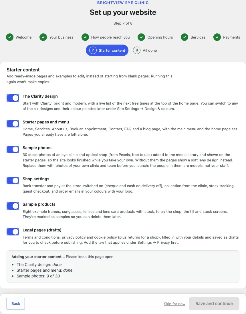 Step 7 of 8, Starter content while it works: the switches and buttons greyed out, and under them the box "Adding your starter content… Please keep this page open." with the lines The Clarity design: done, Starter pages and menu: done and Sample photos: 9 of 30
