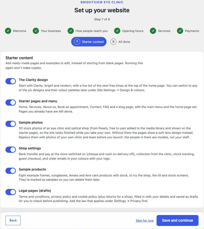 Step 7 of 8, Starter content, with switches for The Clarity design, Starter pages and menu, Sample photos, Shop settings, Sample products and Legal pages (drafts)