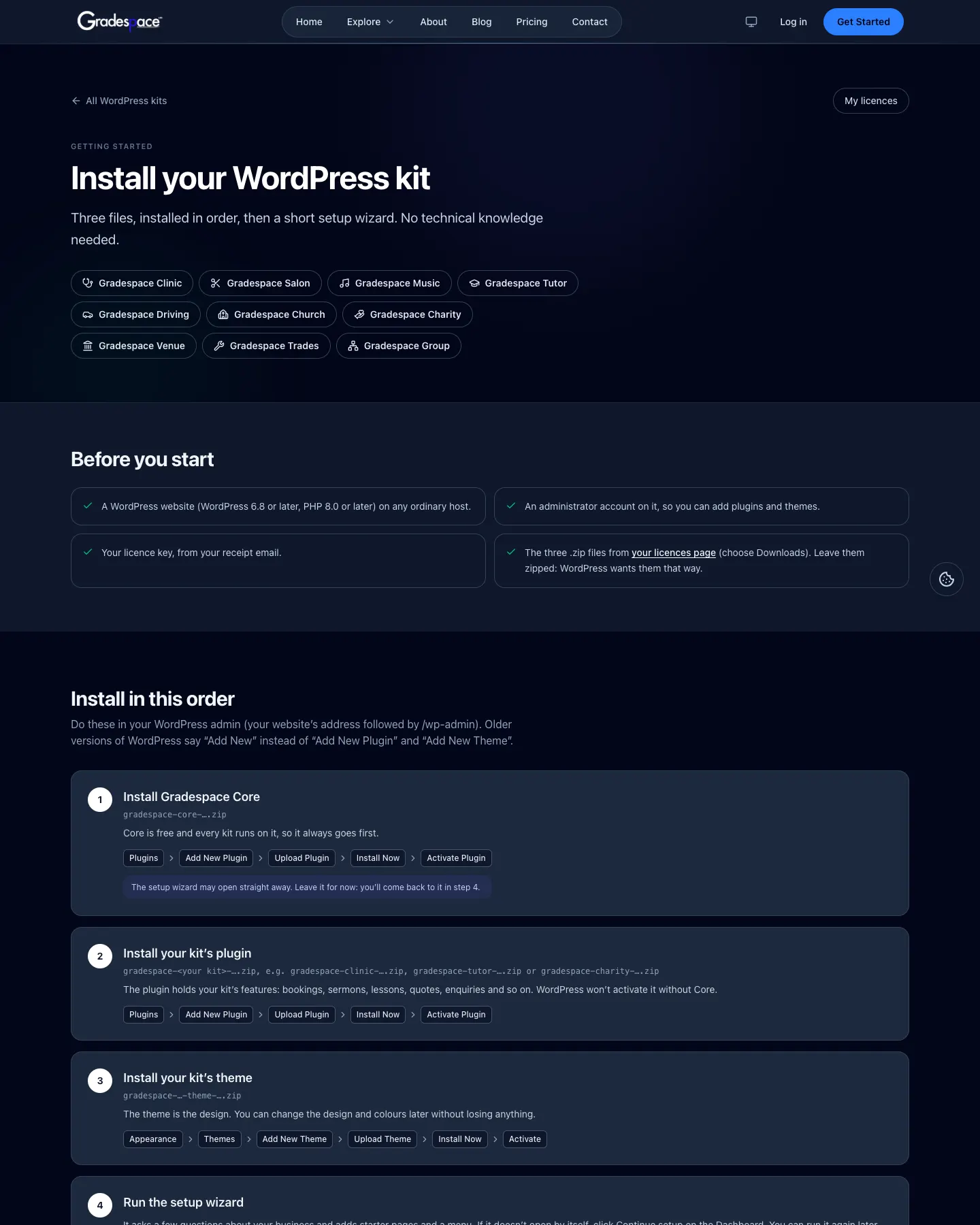 The Getting started page on thegradespace.com, "Install your WordPress kit: Three files, installed in order, then a short setup wizard.", with Before you start and the five install steps