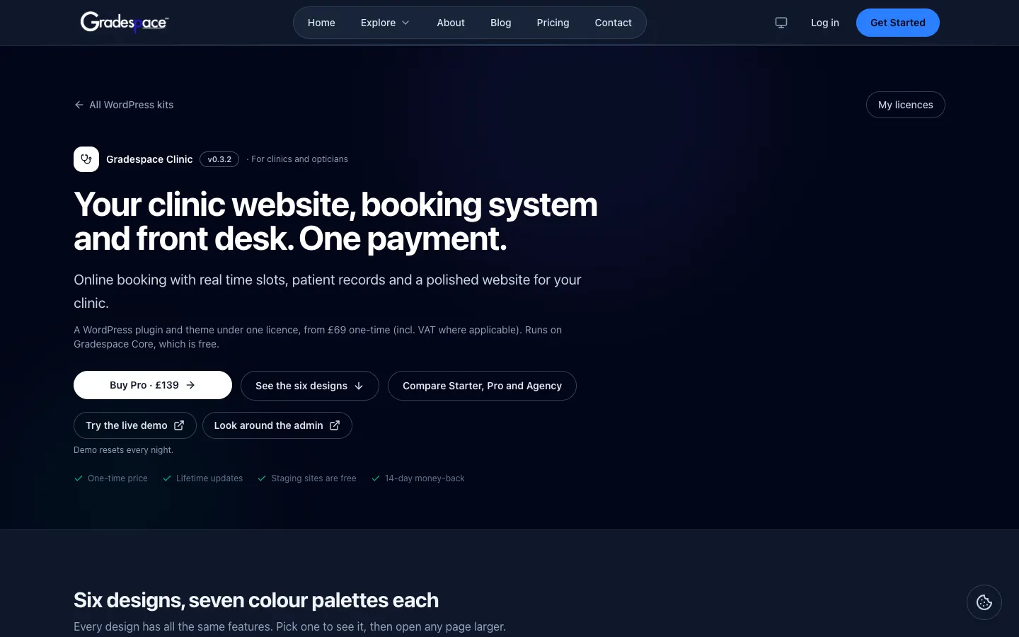 The Gradespace Clinic kit page, with the heading "Your clinic website, booking system and front desk. One payment.", a Buy Pro · £139 button, See the six designs, Compare Starter, Pro and Agency, Try the live demo and Look around the admin