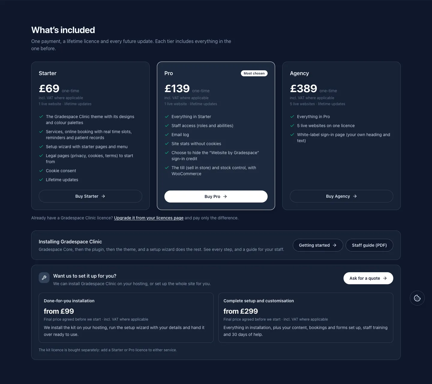 The What's included section of the Clinic kit page: Starter £69 for 1 live website, Pro £139 marked Most chosen, and Agency £389 for 5 live websites, each with its list of features and a Buy button