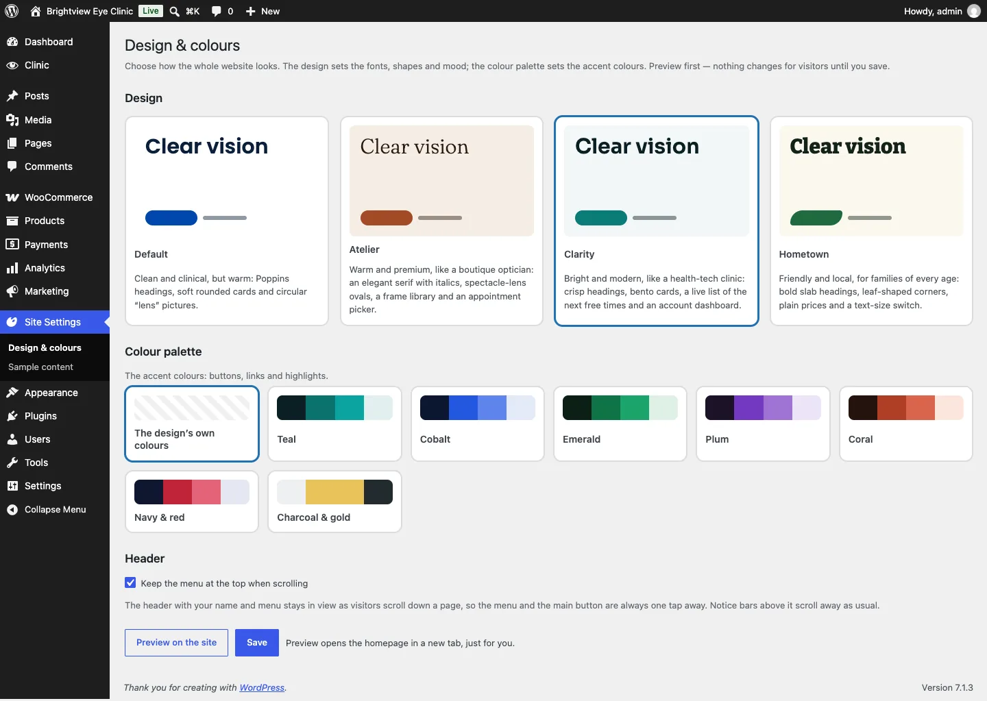 The Design & colours screen with a card for each of the your kit designs, the current one selected, a row of colour palettes starting with The design's own colours, the Header section with "Keep the menu at the top when scrolling" ticked, and Preview on the site and Save buttons
