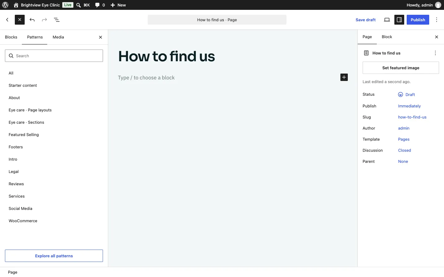 The Patterns tab listing All, Starter content, the your kit kit's own categories ending in Page layouts and Sections, Footers and Legal, with an Explore all patterns button