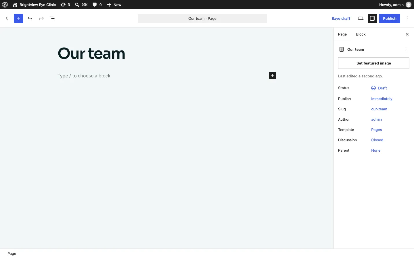 A new page in the editor with the title "Our team" and an empty line "Type / to choose a block" underneath