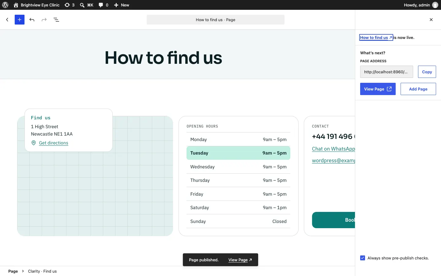 The panel after publishing: "How to find us is now live." with the page address, a Copy button, View Page and Add Page