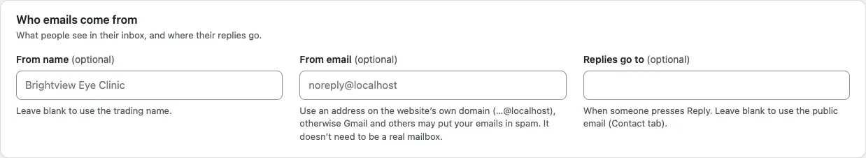 The Who emails come from card with From name, From email and Replies go to, each with an explanation underneath
