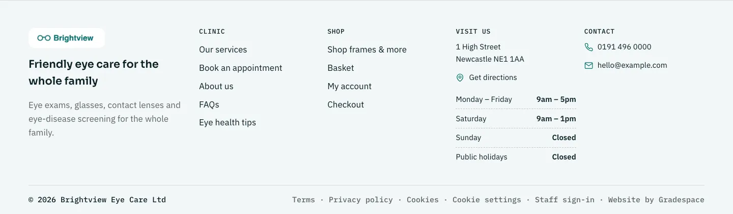 The footer of the sample your kit website: the tagline and contact details, columns of links, and a bottom line with the © year and name and links to the legal pages and Cookie settings