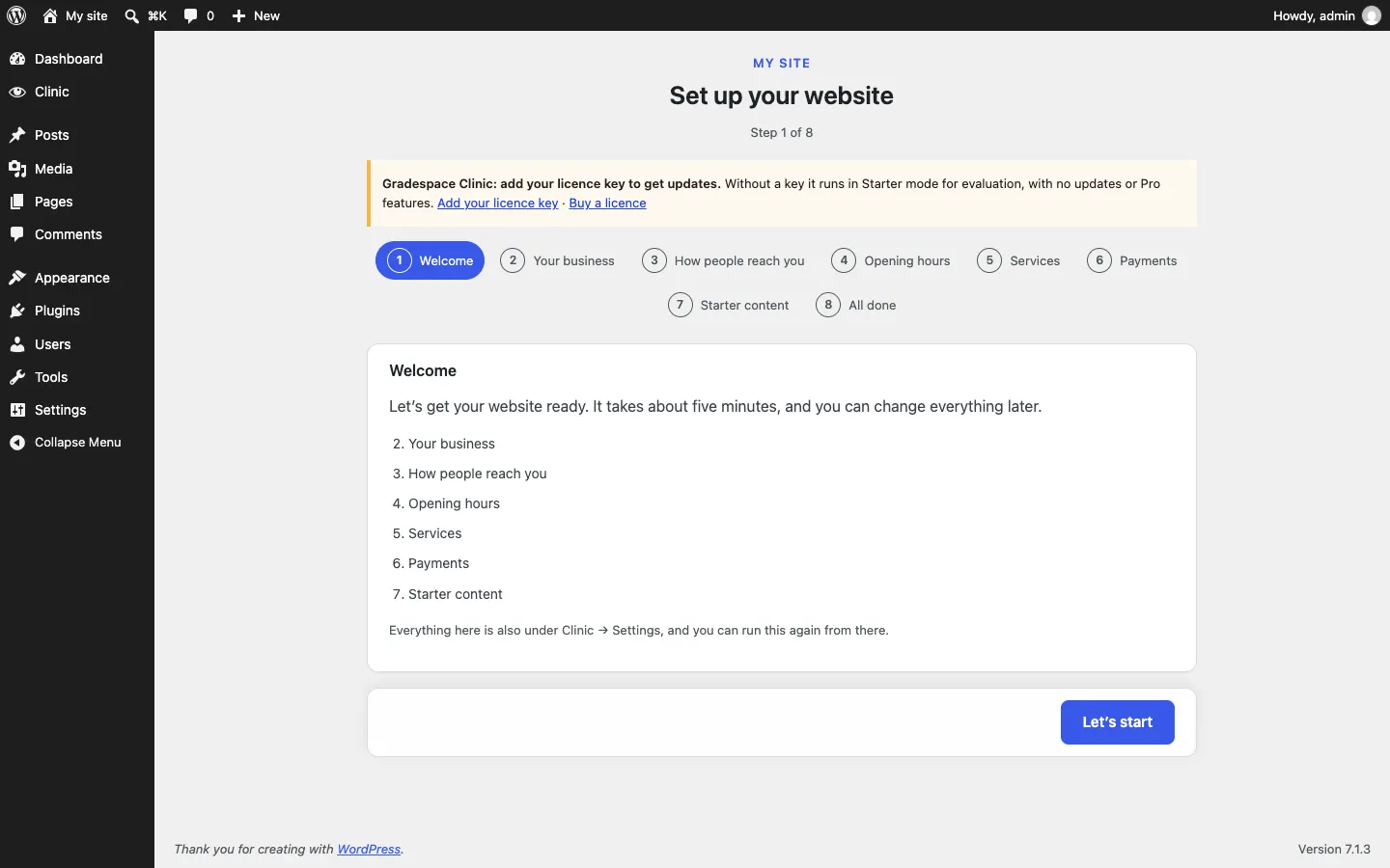 The setup wizard after the Gradespace your kit plugin is activated, now with the kit's own steps in the bar, and the yellow notice "Gradespace your kit: add your licence key to get updates" with links Add your licence key and Buy a licence