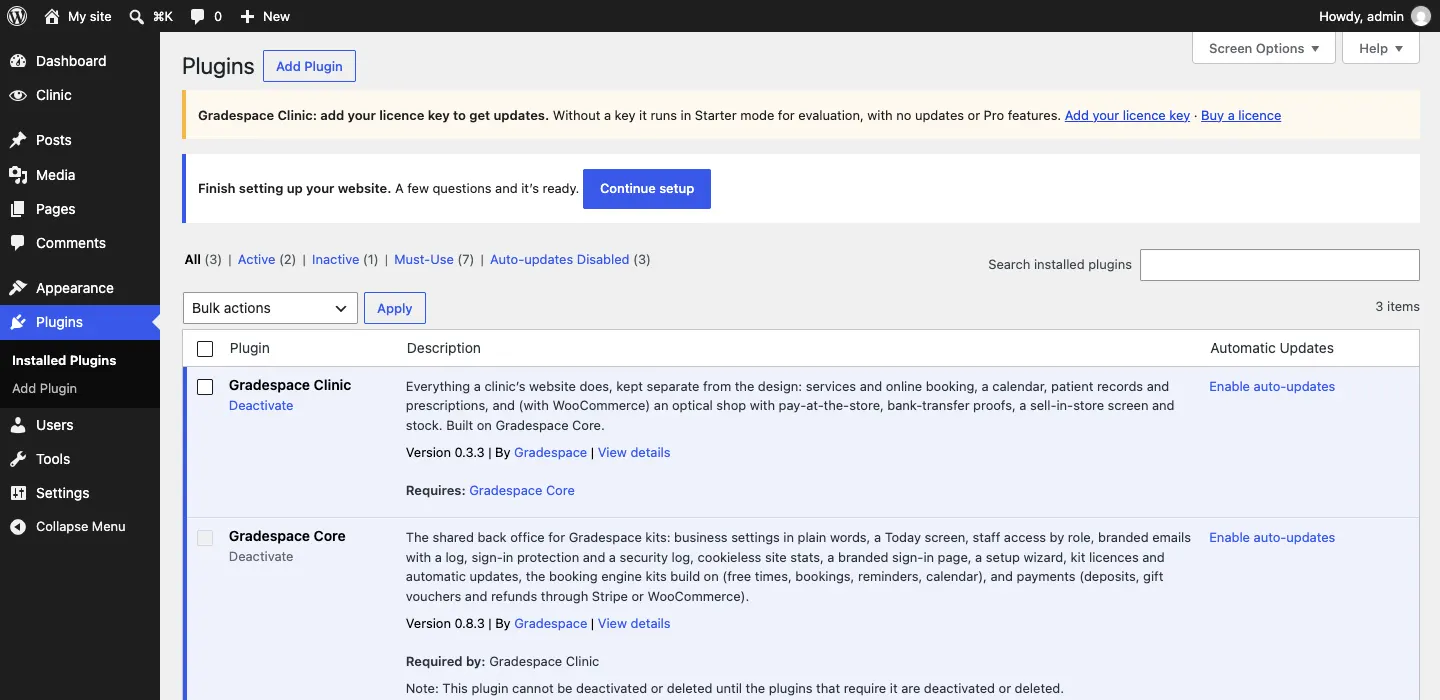 The Installed Plugins list showing Gradespace your kit, "Requires: Gradespace Core", and Gradespace Core, "Required by: Gradespace your kit", both active