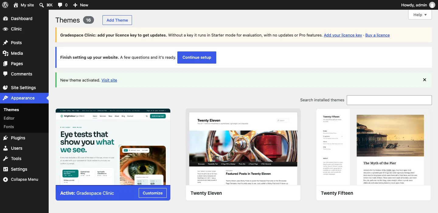 The Themes screen with "Active: Gradespace your kit", a notice "New theme activated", the blue "Finish setting up your website" notice with a Continue setup button, and the Site Settings menu on the left