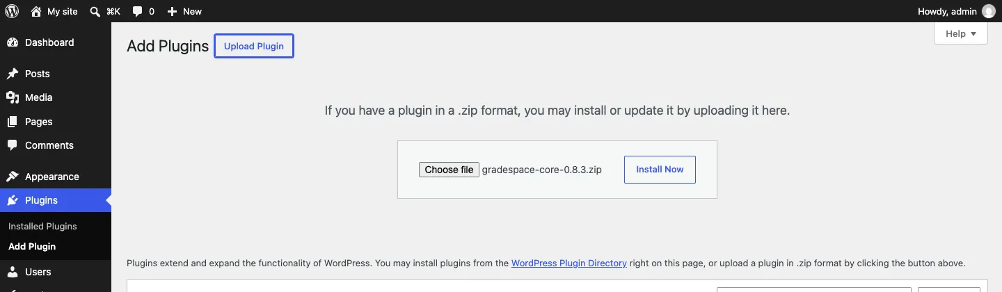 The upload box on the Add Plugins screen with gradespace-core-0.8.3.zip chosen and an Install Now button