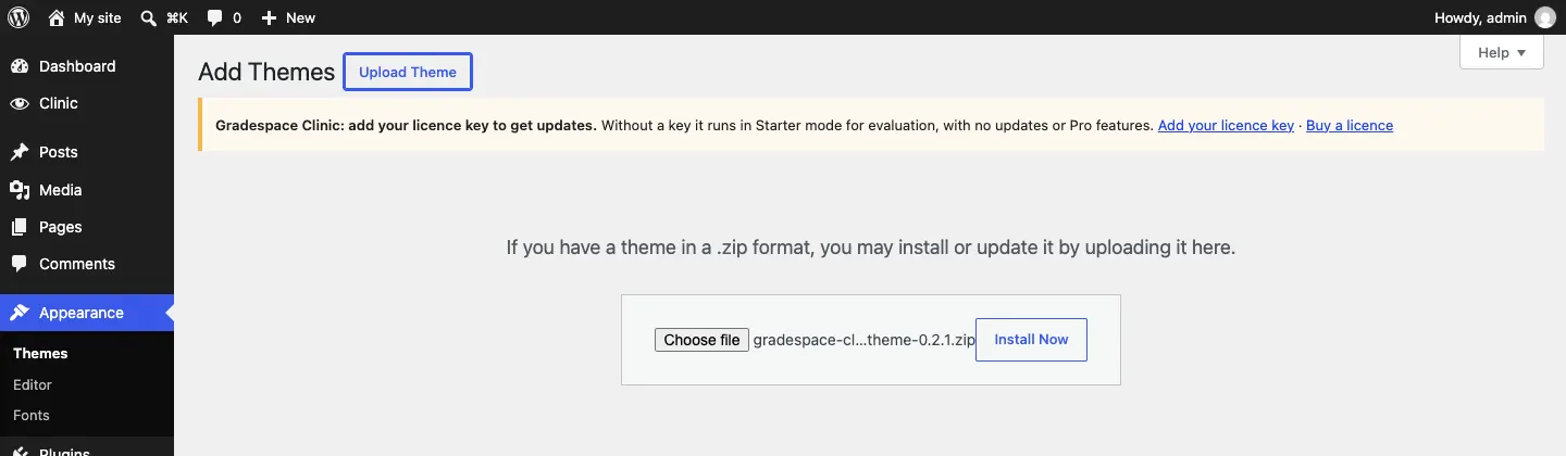 The Add Themes screen with the Upload Theme button pressed and the gradespace-<kit>-theme .zip file chosen, with an Install Now button