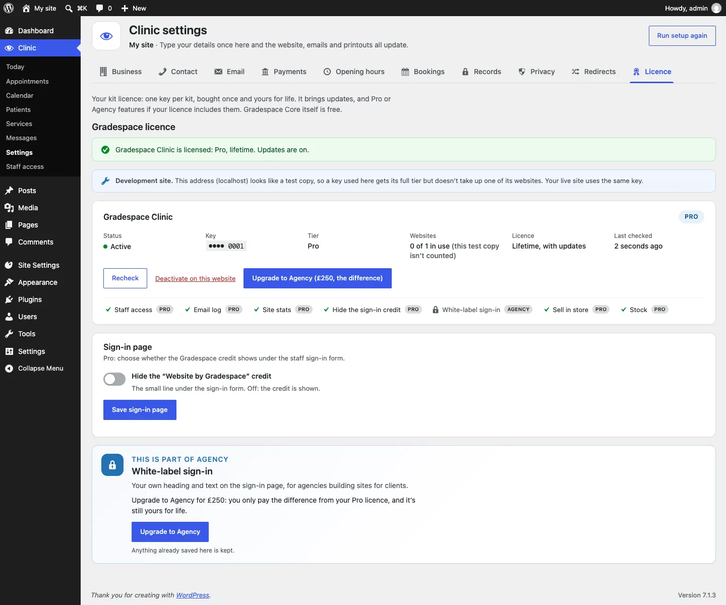 The Licence tab for Gradespace Clinic showing an active Pro licence with Recheck, Deactivate on this website and Upgrade to Agency (£250, the difference) buttons
