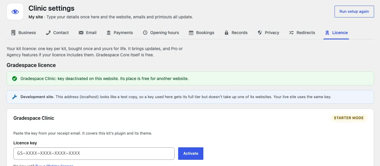 The green message "Gradespace your kit: key deactivated on this website. Its place is free for another website." above the licence card, now back in Starter mode